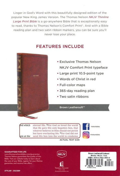 NKJV Large Print Thinline Bible Brown LeatherSoft, Indexed