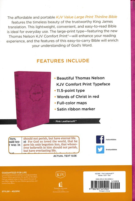 KJV Large Print Value Edition Thinline Bible, Pink Leathersoft
