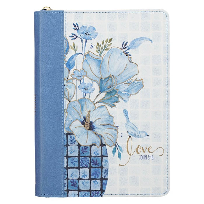 Journal: Love, John 3:16 Blue Floral Zipper Closure
