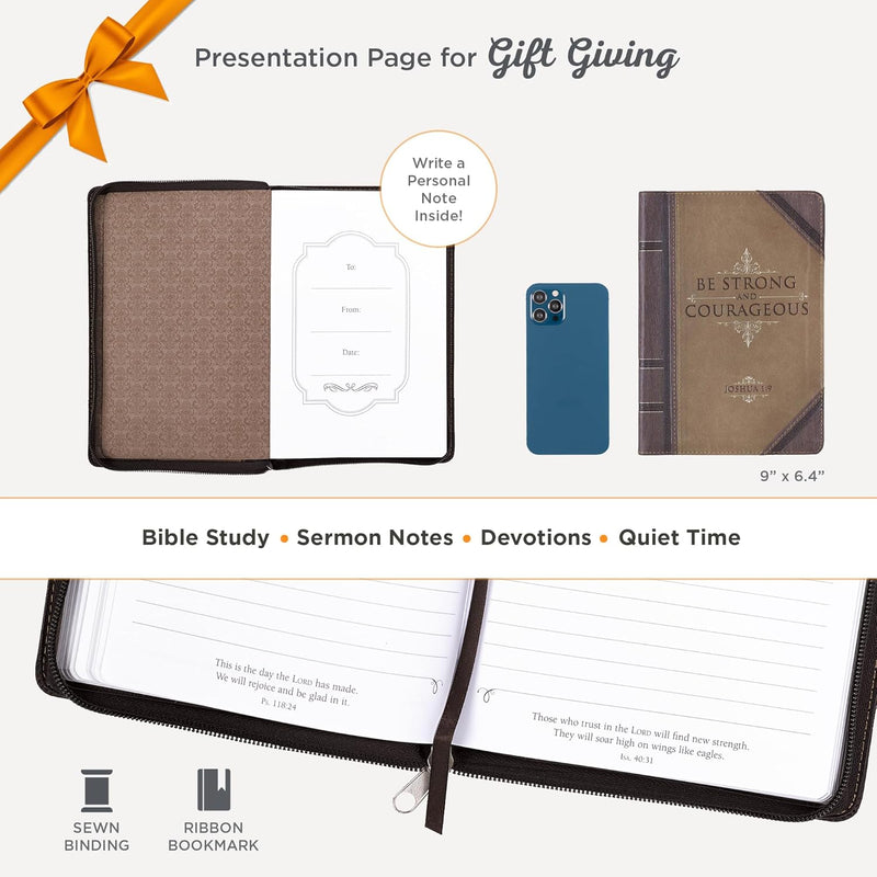 Journal: Be Strong and Courageous Brown Luxleather with Zipper