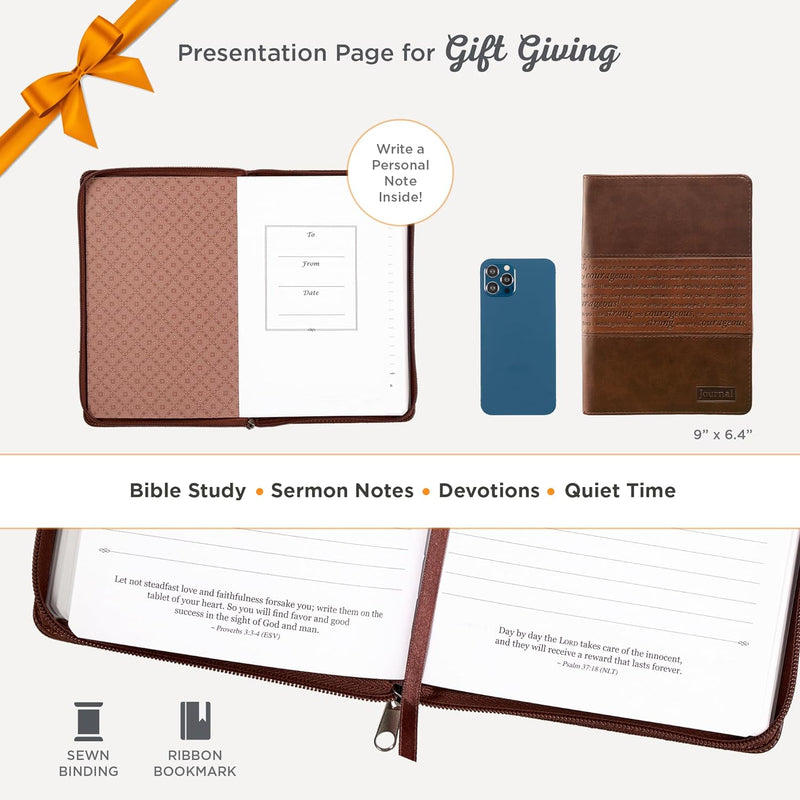 Journal: Strong & Courageous Brown/Tan Duotone with Zipper Closure