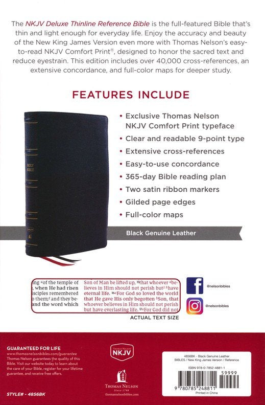 NKJV Deluxe Thinline Reference Bible Black Genuine Leather (op)