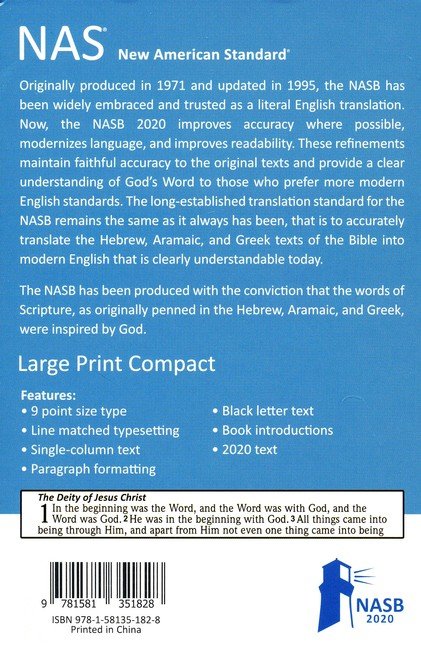 NASB 2020 Large Print Compact Bible Blue Leathertex