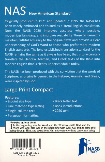 NASB 2020 Large Print Compact Bible Black Genuine Leather