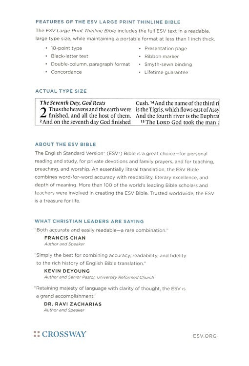 ESV Large Print Thinline Bible, Black Genuine Leather