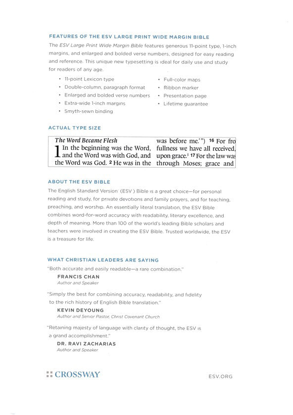 ESV Large Print Wide Margin Bible Black Genuine Leather