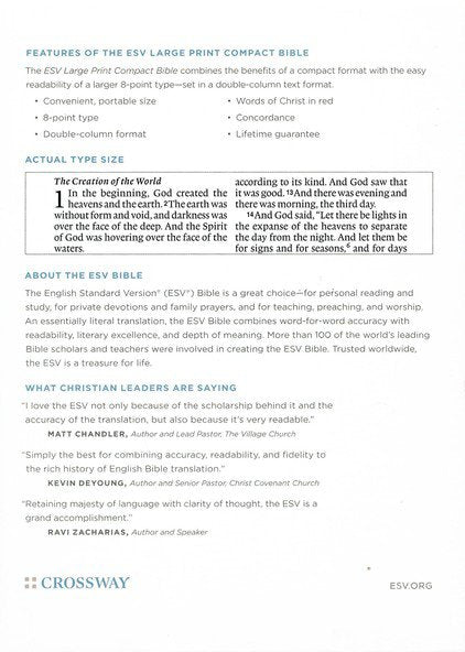 ESV Large Print Compact Bible Deep Brown Buffalo Leather