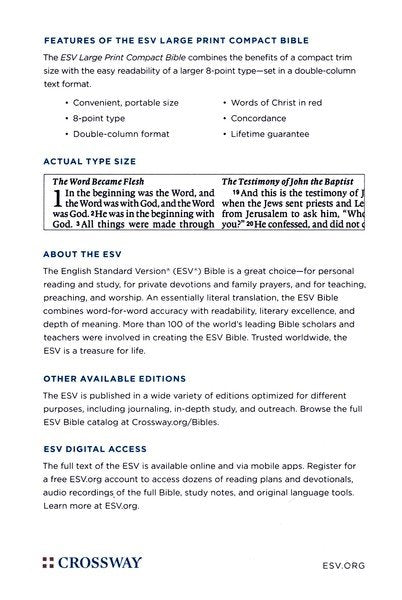 ESV Large Print Compact Bible Black TruTone (top, due 04/2026)