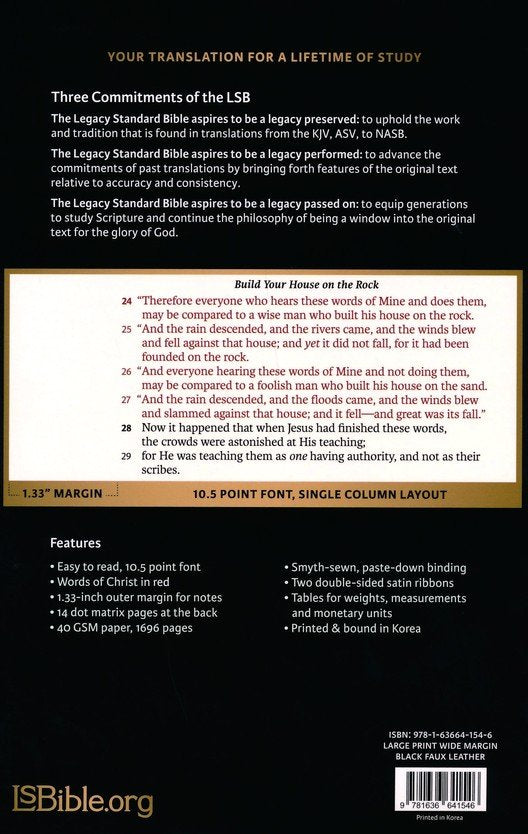 LSB Legacy Standard Bible Large Print Wide Margin Black Faux Leather (os)