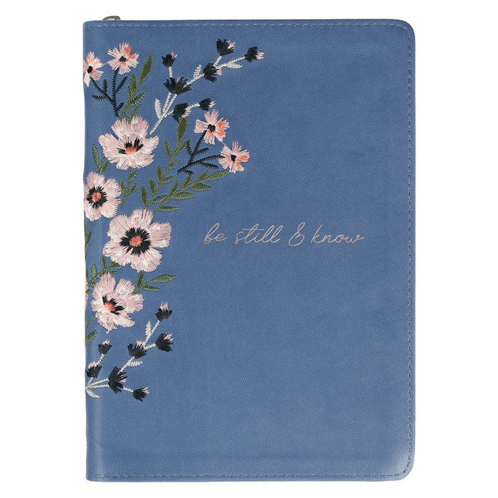 Classic Floral Embroidered  Journal with Zipper: Be Still Faux Blue Leather