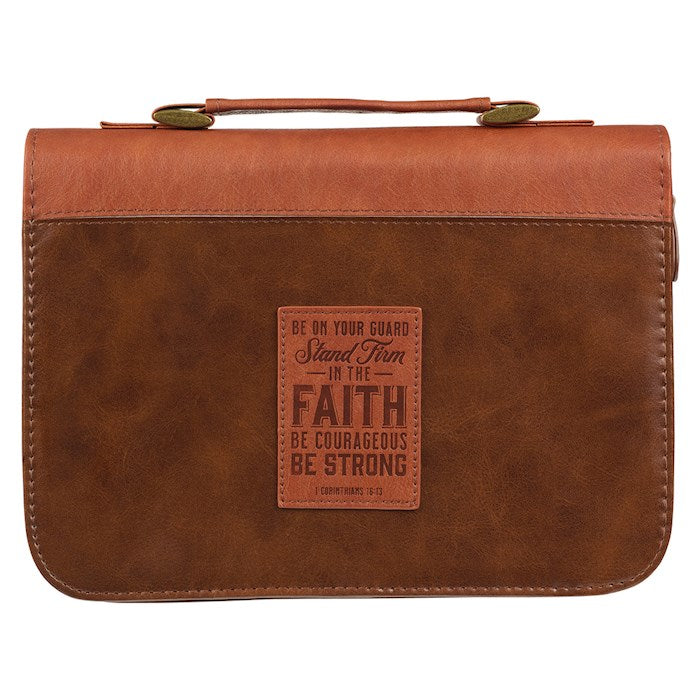 Bible Cover LuxLeather: Stand Firm in the Faith Two-Tone Brown Large