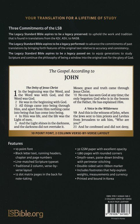 Legacy Standard 2 Column Verse-by-Verse Bible, Black Faux Leather