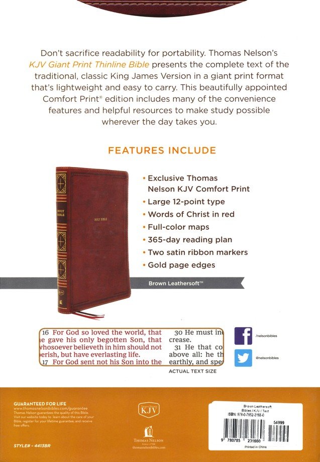 KJV Giant Print Thinline Bible Brown Leathersoft Indexed (op)