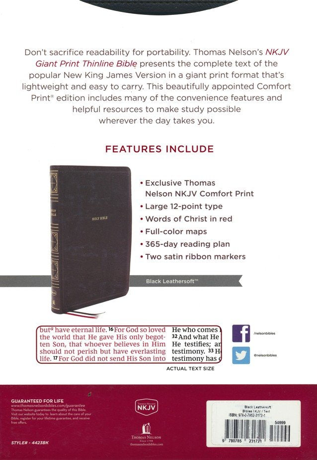 NKJV Giant Print Thinline Bible Black Leathersoft Indexed