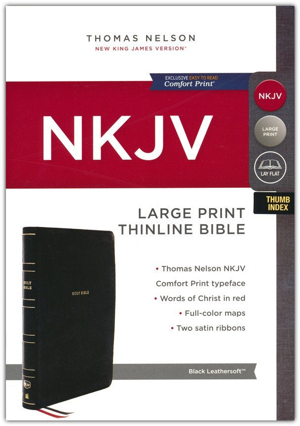 NKJV Large Print Thinline Bible Black LeatherSoft, Indexed