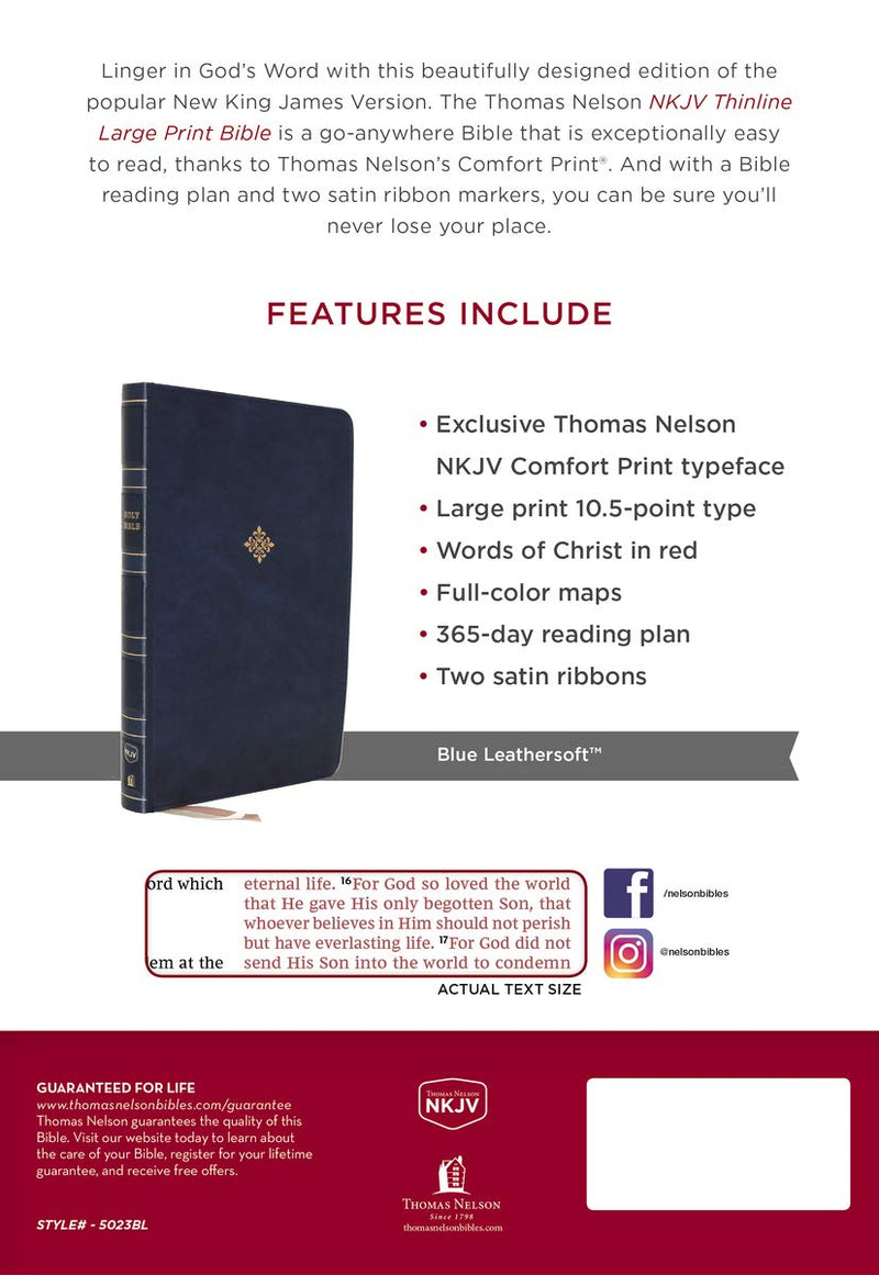 NKJV Large Print Thinline Bible Blue LeatherSoft