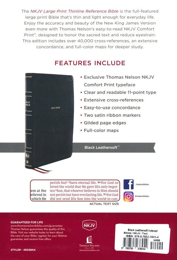 NKJV Large Print Thinline Ref Bible Black LeatherSoft, Indexed