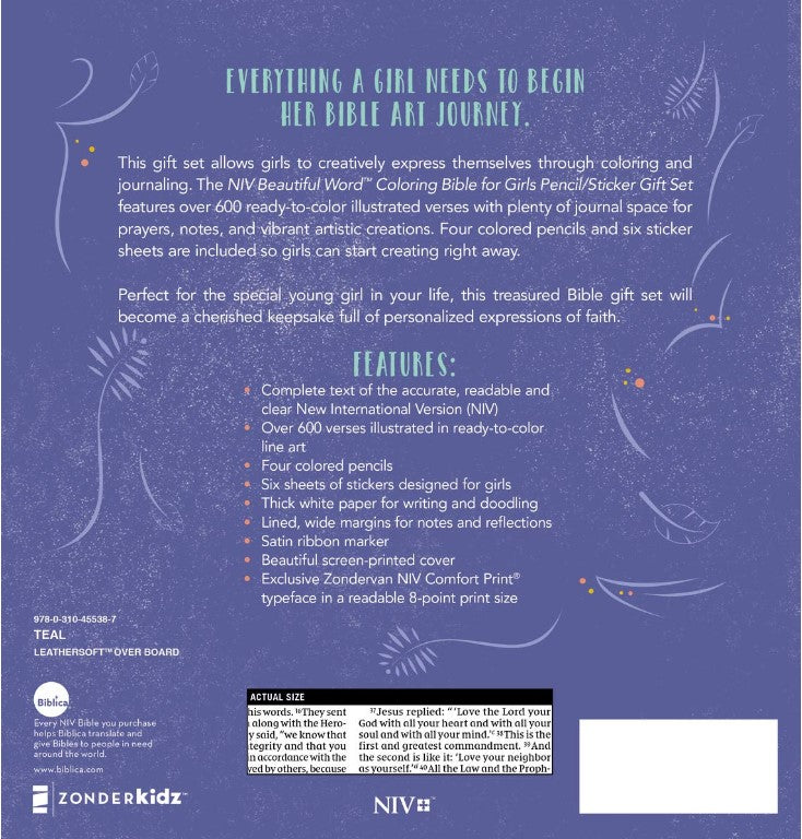 NIV Beautiful Word Coloring Bible Pencil/Sticker Gift set for Girls