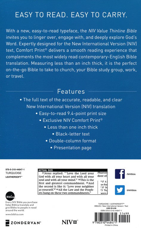 NIV Value Thinline Bible Turquoise