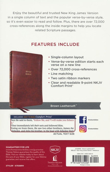 NKJV Single-Column Reference Bible Brown Leathersoft