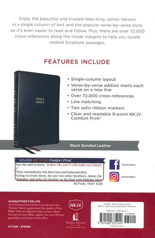 NKJV Single-Column Verse-by-Verse Ref Bible Black Bonded Leather