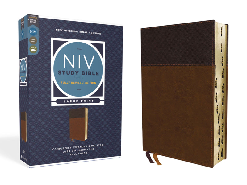 NIV Study Bible Large Print Brown Leathersoft Indexed