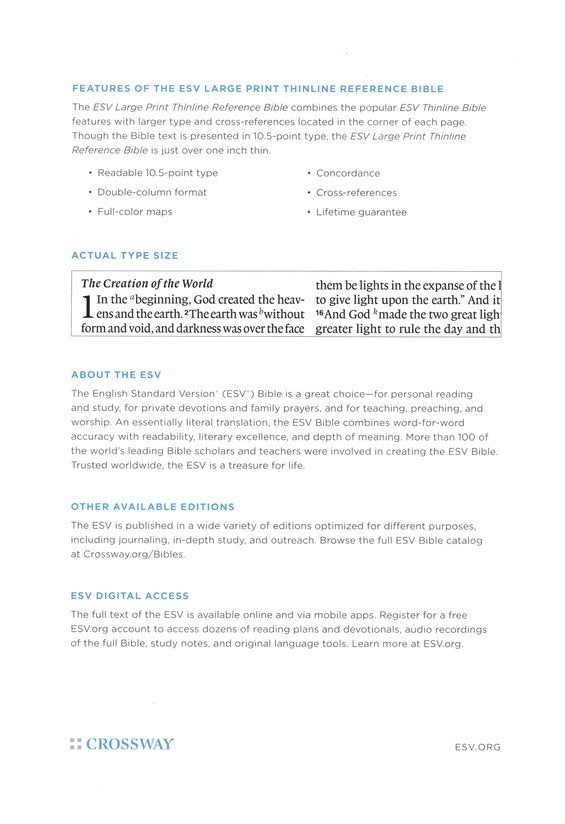 ESV Large Print Thinline Reference Bible Brown/Walnut Leathersoft