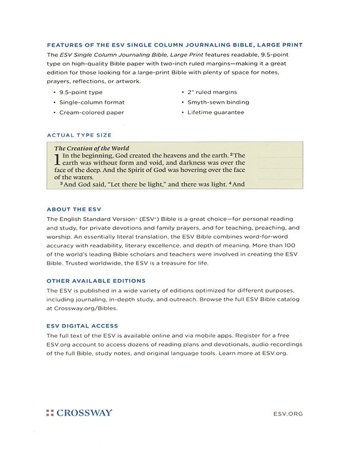 ESV Single Column Large Print Journaling Bible Lavender TruTone