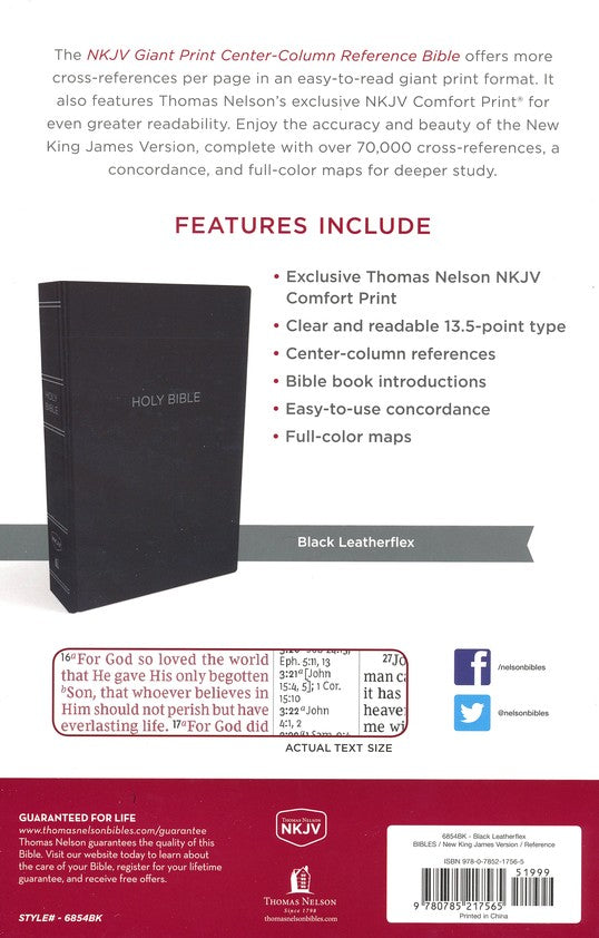 NKJV Giant Print Center-Column Ref Bible-Black Leather-Look