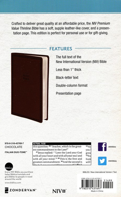 NIV Value Thinline Bible Chocolate Leathersoft