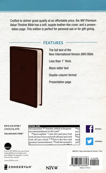 NIV Value Thinline Bible Chocolate Leathersoft