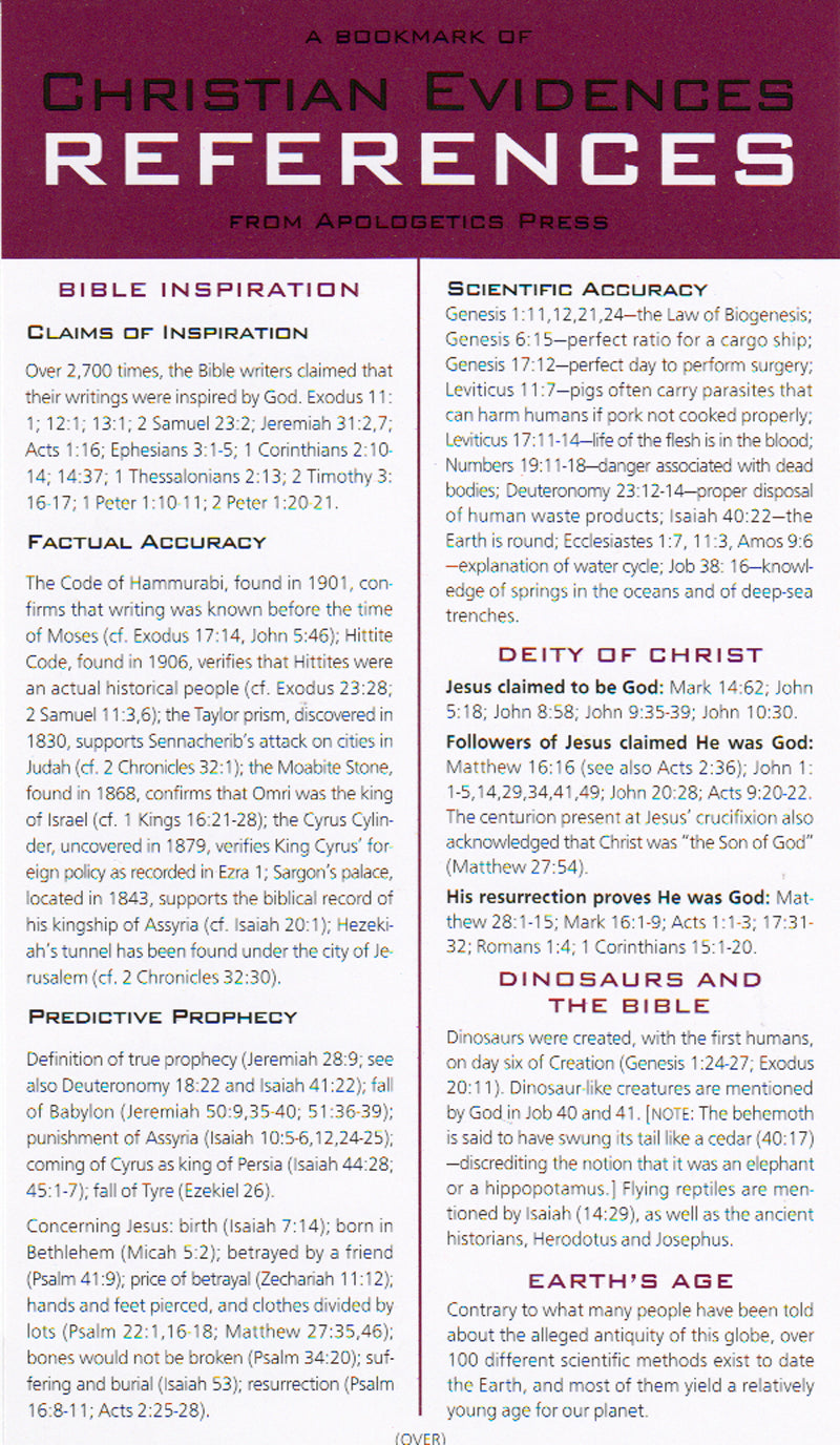 Christian Evidences Reference Card — One Stone Biblical Resources