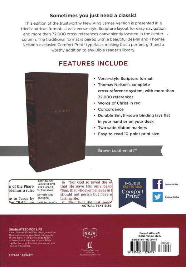 NKJV Classic Verse-by-Verse Center Column Reference Bible Brown Leathersoft Indexed