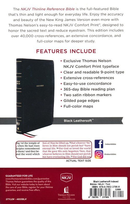 NKJV Thinline Reference Bible Black Leathersoft Indexed