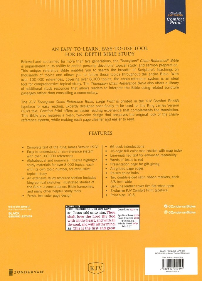 KJV Thompson Chain Reference Bible Large Print Black Genuine Cowhide Leather, indexed