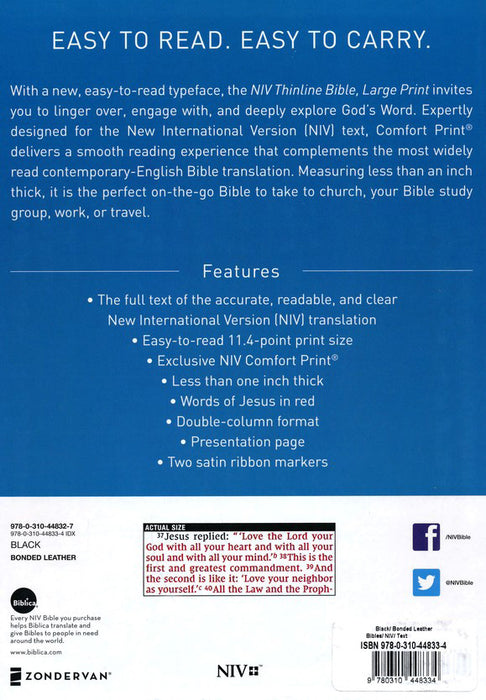 NIV Thinline Large Print Bible Black Bonded Leather
