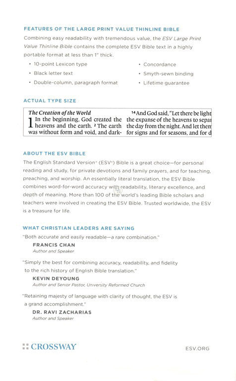 ESV Large Print Value Thinline Bible, Black, Trutone