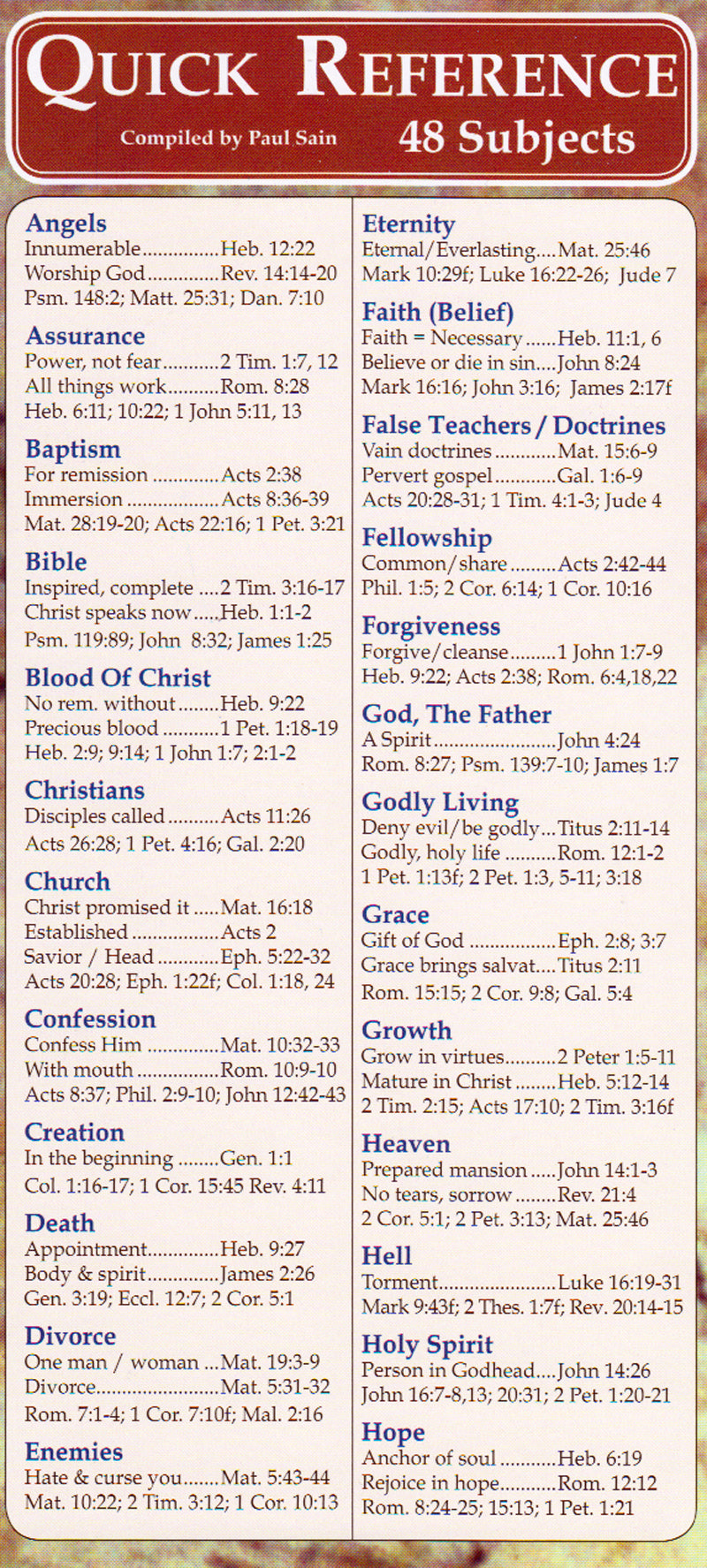 Quick Reference Bookmark - 48 Subjects