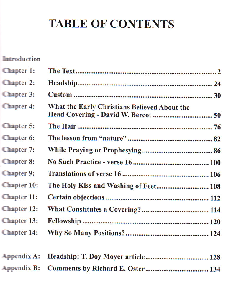 Head Coverings Table of Contents