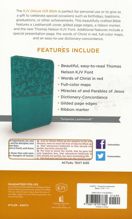 KJV Deluxe Gift Bible Turquoise Leathersoft