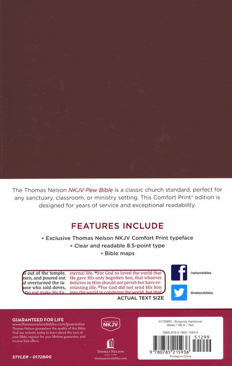 NKJV Pew Bible Burgundy Comfort Print