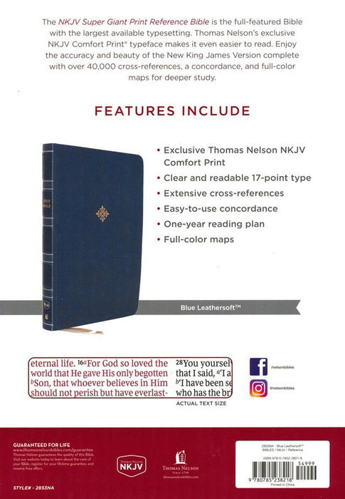 NKJV Super Giant Print Reference Bible, Blue Leathersoft