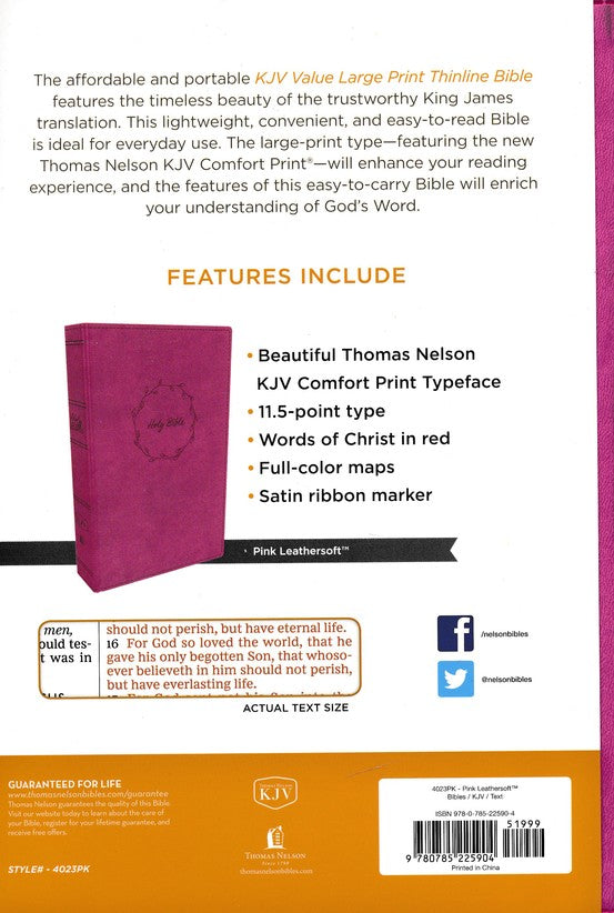 KJV Large Print Thinline Value Edition Bible, Pink Leathersoft
