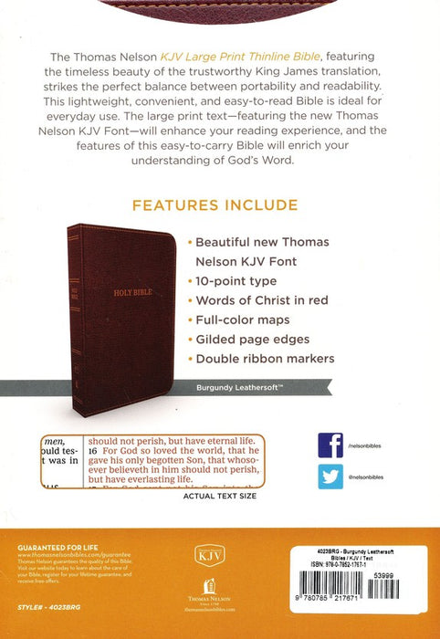 KJV Large Print Thinline Bible Comfort Print, Burgundy Leathersoft, Indexed