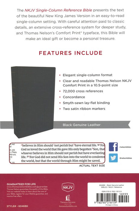 NKJV Single Column Reference Bible Black Genuine Leather
