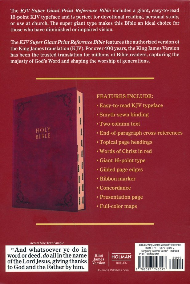 KJV Super Giant Print Reference Bible, Burgundy LeatherTouch, Indexed