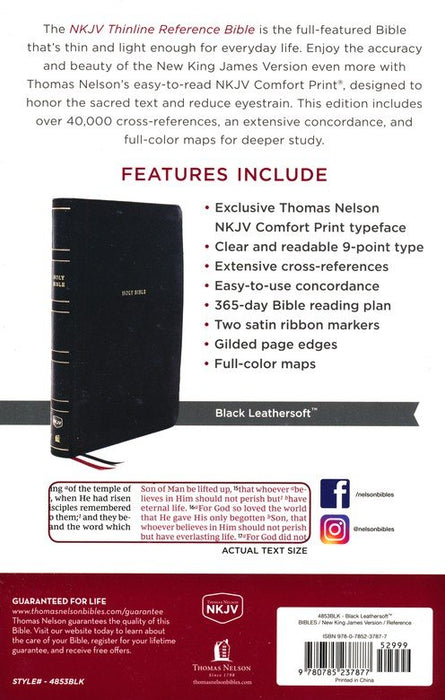 NKJV Thinline Reference Bible Black Leathersoft