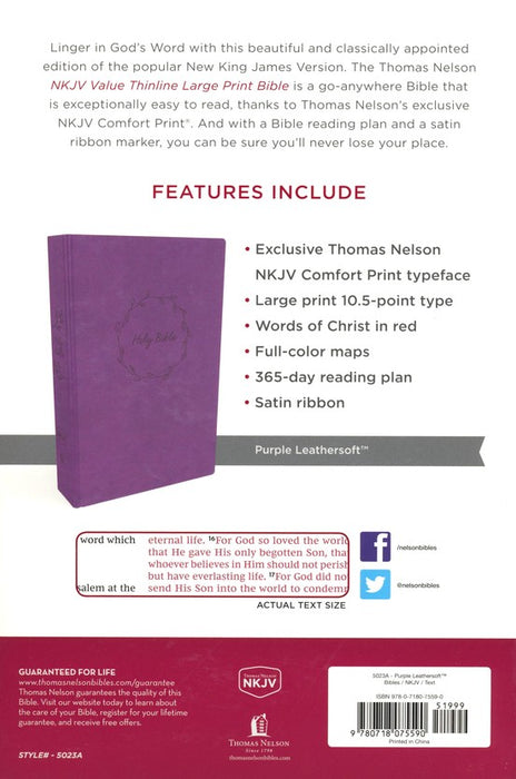 NKJV Value Large Print Thinline Bible Purple Leathersoft