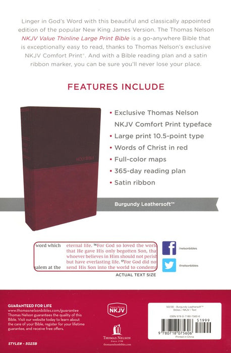 NKJV Value Large Print Thinline Bible Burgundy Leathersoft