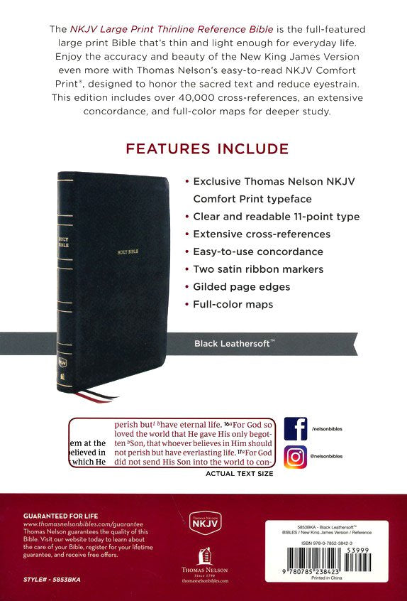 NKJV Large Print Thinline Reference Bible Black LeatherSoft